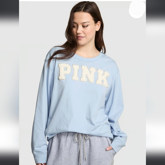 PINK Victoria's Secret Tops - PINK VS Campus Cotton Long-Sleeve Tee. Icy Blue. Size M